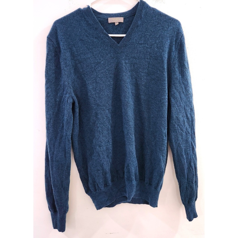 N.Peal London 100% Organic Cashmere V-Neck Sweater Blue Mens Medium